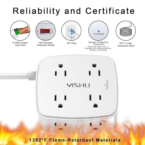 10 Ft Surge Protector Power Strip - YISHU 3 Side Outlet Extender with 8 Widely AC Outlets and 4 USB Ports, 10 Feet Extension Cord with Flat Plug, Wall Mount Desk USB Charging Station, ETL,White thumbnail 6
