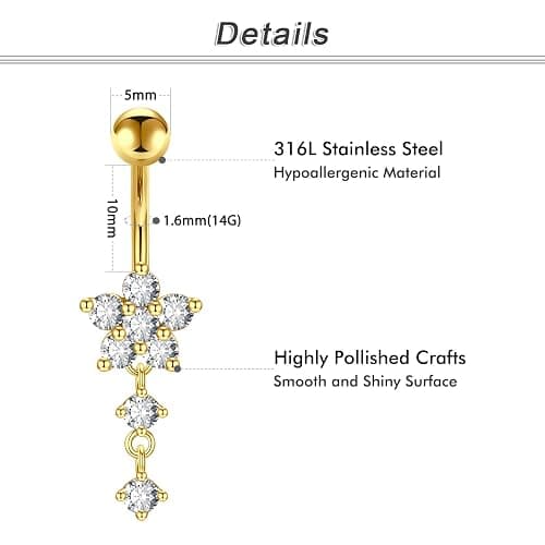 Crdifu Bauchnabelpiercing 10mm Silber Bauchpiercing Edelstahl Herz Schmetterling Blume Anhänger Piercing Bauchnabel Schmuck Damen - 3Stk Baumeln-Gold A thumbnail 2