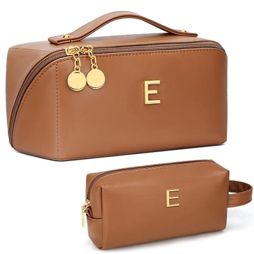 KKXIU Initial Makeup Bag for Women - Personalized Makeup Bag Gifts for Women, Travel Toiletry Bag with PU Leather, Open Flat Design with Top Handle, Cosmetic Bag Set with Multi-Pocket (Brown,E) - Image 1