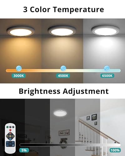 wowatt Battery Operated Ceiling Light Rechargeable Ceiling Lights with Remote Wireless Shower Lighting 3000K 4500K 6500K 7.48in Dimmable Timing Overhead Light for Closet Shower Living Room thumbnail 6