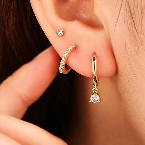 Freekiss 3 Pairs Gold Hoop Earrings Set: Dainty Stud Earrings Trendy Small 14K Gold Plated Hypoallergenic Dangle Cartilage Huggie Hoop Earrings for Women Gold Jewelry for Women Gifts thumbnail 3