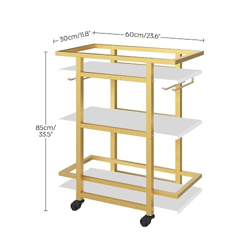 YATINEY 3 Tier Bar Cart, Home Bar Serving Cart with Wheels, Drink Cart with Glass Holder, Beverage Cart, Mobile Kitchen Cart, for Home, Garden, Party, Gold BC19DW thumbnail 2