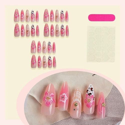 QQPPOLIU Long Almond Press on Nails Pink Press Ons with Floral Designs Summer Full Cover Nails Stiletto for Women Prom and Party 24PCS thumbnail 3