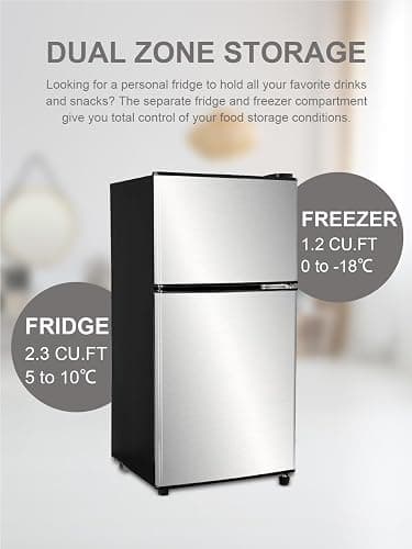 KRIB BLING Refrigerator with Freezer 3.5 Cu.Ft with 7 Level Adjustable Thermostat Control 2 Door Energy Saving Top-Freezer Compact Refrigerator Silver (KB03 FLS-80-Silver-2) thumbnail 5