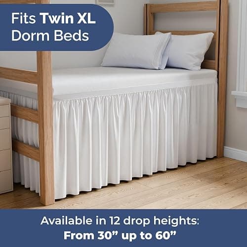 Wrap Around Dorm Room Bed Skirt - For Twin XL Size Beds w/ 30 Inch Drop - Extra Long Dust Ruffled College Bedskirt with Split Corners - Easy Fit Elastic Strap - Adjustable, Fade & Wrinkle Free - White thumbnail 2