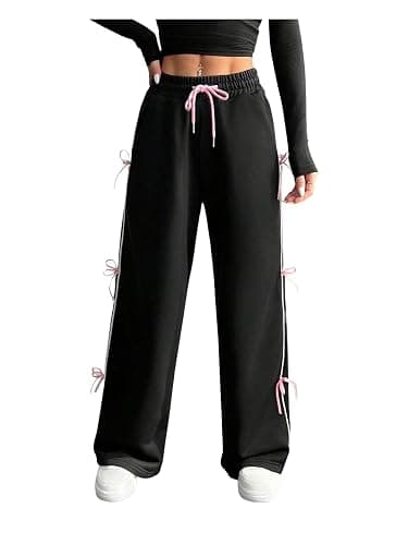 GORGLITTER Women's Bow Y2k Sweatpants Drawstring Wide Leg Baggy Flare Coquette Pants Trousers - Large - Black thumbnail 2