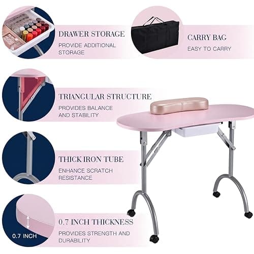 Joligrace Manicure Table Nail Desk Professional Foldable Portable Table | Nail Technician Workstation 4 Lockable Wheels with Drawer Client Wrist Pad Free Carrying Bag Travel Nail Tech Spa Table Pink thumbnail 5