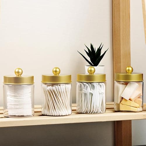 Amolliar Qtip Holder Dispenser - 8 oz Plastic Apothecary Jar Containers for Vanity Makeup Countertop Organizer Storage -Bathroom Canister Accessories Set for Cotton Swab, Ball, Pads, Floss-Gold (6) thumbnail 2