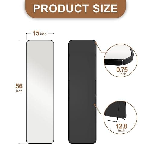 Delma Full Length Mirror, 56"x15" Black | Floor Standing Full Body, Wall Mounted, Freestanding or Leaning, Rounded Corners Rectangle Design thumbnail 2