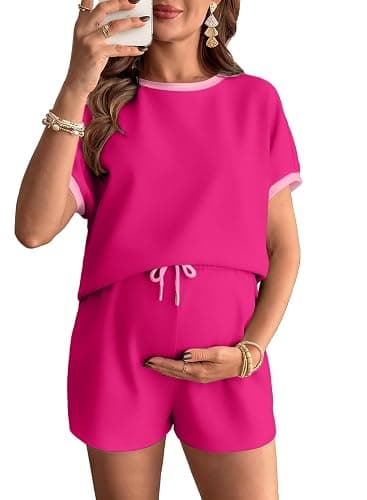BLENCOT Maternity Sets Short Sleeve Top and Shorts Pajamas with Pockets | Maternity Lounge Set for Women Summer Fall 2 Piece Drawstring Waist Outfits Pregnancy Sets Postpartum Pajamas - Image 1