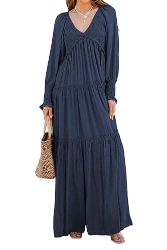 R.Vivimos Maxi Dress for Women Long Sleeve V Neck Empire Waist Layered Ruffle Boho Casual Flowy Long Dresses thumbnail 4