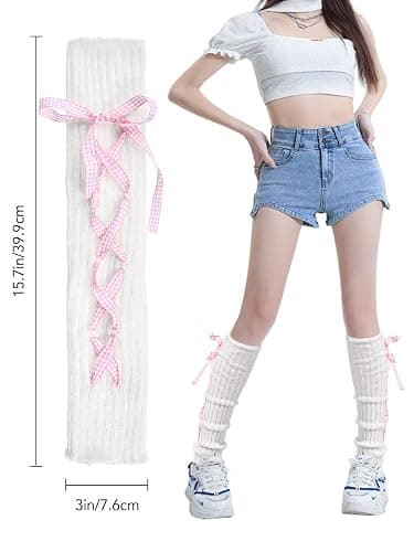 Sksshion Y2K 80s Leg Warmers for Women Bow Tie Rib Knit Leg Warmer Winter Boot Socks thumbnail 8