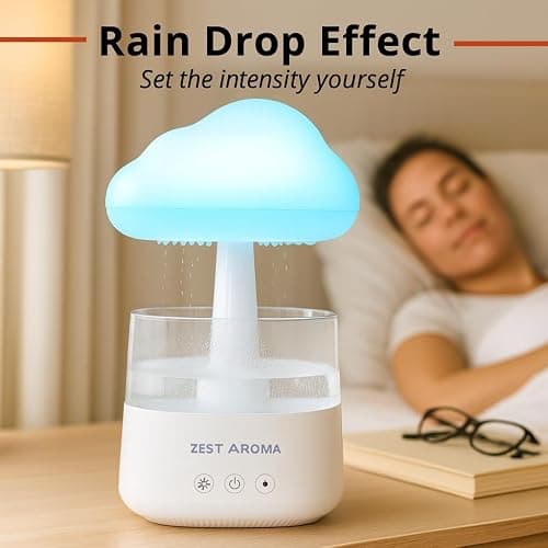 Zest Aroma 2 in 1 Cloud Humidifier and Oil Diffuser | Raindrop Humidifier, Aroma Diffuser, Adjustable Raindrop Speed, Rain Sound Simulator, Mist and Light Functions thumbnail 8