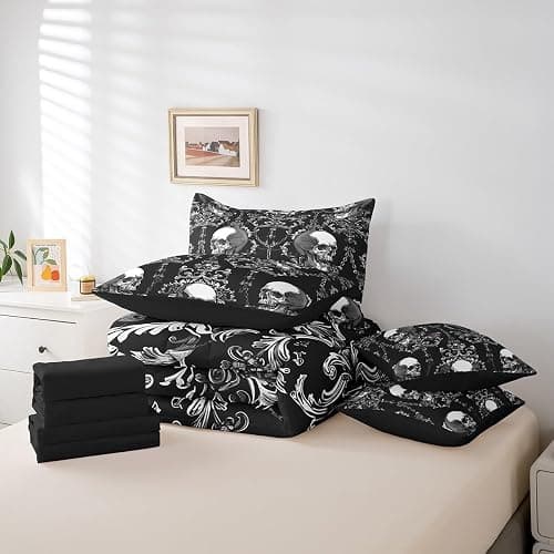 Erosebridal Damask Sugar Skull King Bed in A Bag 7 Piece Gothic Skull Pattern Comforter Set with Sheets Halloween Goth Skeleton Bedding Sets for Kids Adults,Bohemian Style Bed Set thumbnail 7