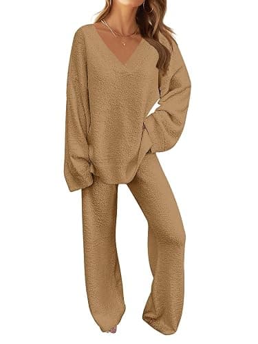 MEROKEETY Women's Lounge Sets 2025 Fall Fashion 2 Piece Outfits Sweater Pajama Set Fuzzy Loungewear Matching Winter Clothes - Image 1