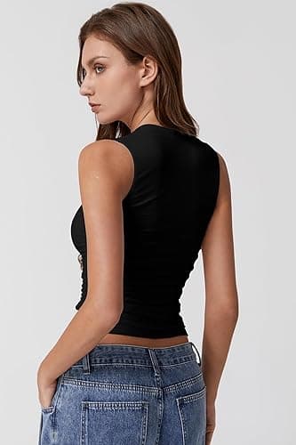 QINSEN Womens Square Neck Tank Tops Side Ruched Double Lined Slim Fit Summer Going Out Crop Top thumbnail 3