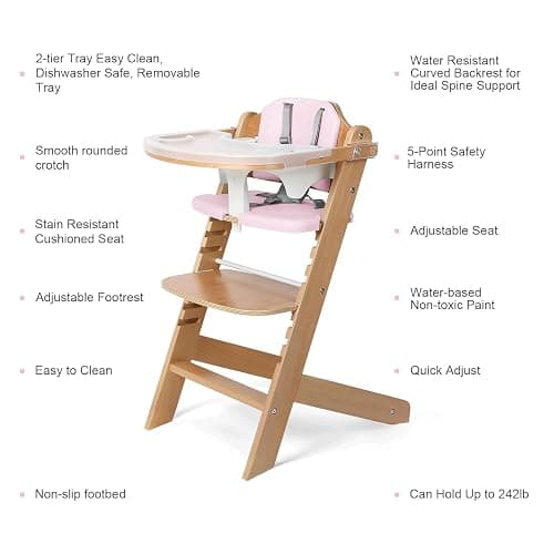 Cowiewie Natural Wooden High Chair for Babies & Toddlers 3-Tier Remove Adjustable Tray and Highchair with Cushions, Easy to Clean, Portable. (Pink) thumbnail 4