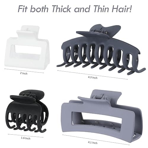 Sisiaipu 8 Pcs Large Claw Clips for Thick Hair, Medium Claw Clips, Small Clips for Thin Hair, Rectangle Square Butterfly Clips for Women - 4 Style Accessories (Grey) thumbnail 3