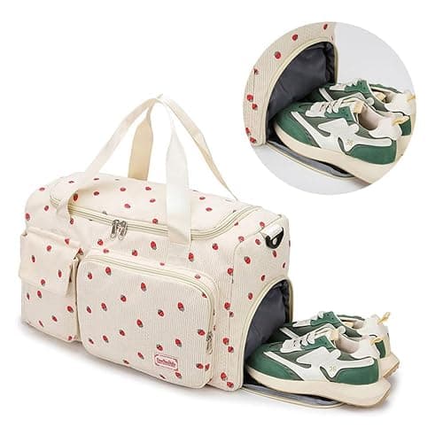 Strawberry Duffel Bag for Girls,Corduroy Gym Bag with Shoe Compartment & Wet Pocket,Cute Travel Weekend Overnight Dance Bag for Teens (white) thumbnail 6