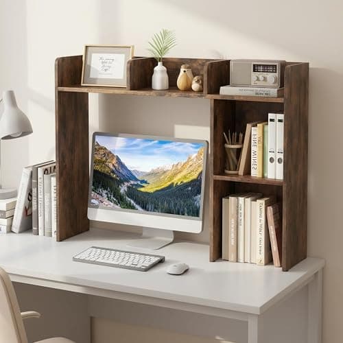 Tangkula Desktop Bookshelf, Countertop Storage Hutch with 5 Shelves for Computer Desk, 3-Tier Display Rack, Multipurpose Wood Desktop Hutch Storage Organizer for Dorm Office, Brown thumbnail 2