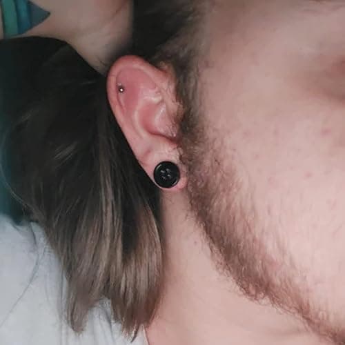AntDear 2Pcs Acrylic Plug Gauges for Ears Women Men Black White Button Plug Earrings, Single Flared Saddle Stretching Gauge Tunnels Expanders, Four Hole Button Piercing Plugs with Rubber O-Rings 8G to 1 Inch thumbnail 2
