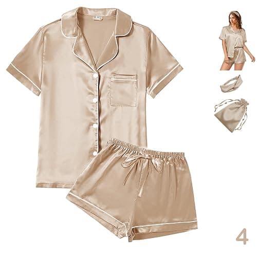 WJing Yi Jia 4Pcs Womens Satin Silky Pajama Sets Short Sleeve Shirt XS-4XL Floral Pajamas Set Soft PJ Loungewear Sleepwear thumbnail 9