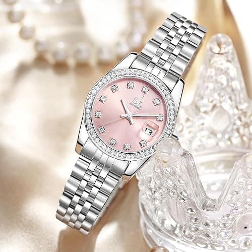SHENGKE Women's Crystal Accented with Solid Alloy Steel Band Watch Elegant Dress Quartz Calendar Watches for Women thumbnail 2