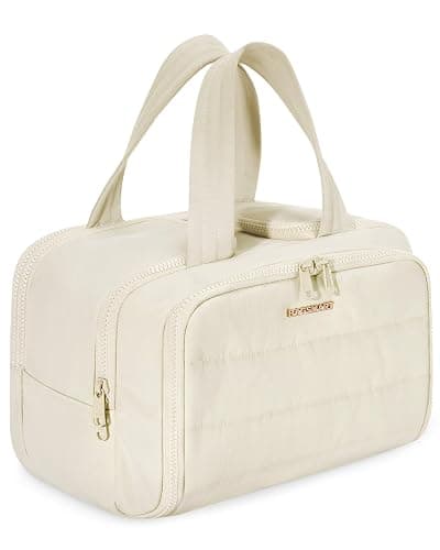 BAGSMART Travel Toiletry Bag, Crush Toiletry Bag for Women, Wide-open Puffy Toiletry Bags for Traveling, Large Travel Cosmetic Makeup Bag Organizer for Accessories,Toiletrie, Beige - Image 1