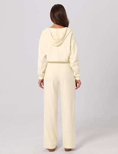 ABOCIW Womens 3 Piece Outfits Brushed Jersey Long Sleeve Hooded Cropped Shrug Bandeau Top Wide Leg Sweatpants Tracksuit thumbnail 3