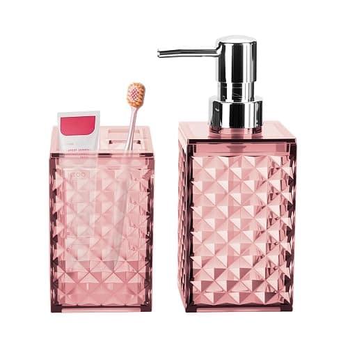 RRM Pink Bathroom Accessories Set, Soap Dispenser and Toothbrush Holder | Diamond Pattern Bathroom Set for Boho Bathroom Decor - Image 1