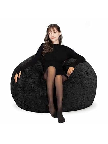 HDMLDP Bean Bag Chair for Adults Kids Without Filling Comfy Fluffy Oversized Round Beanbag Chair Lazy Sofa Cover for Reading Chair Floor Chair, 3.5FT, Black - Image 1