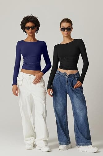 QINSEN Womens Crewneck Long Sleeve Shirt Double Lined Basic Tees Side Ruched Going Out Crop Tops thumbnail 6