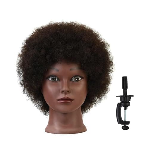 Afro Mannequin Head with 100% Human Hair Curly Hair Hairdresser Hair Styling Manikin Head Cosmetology Doll Head for Display Practice Braiding Styling with Clamp Stand - Image 1