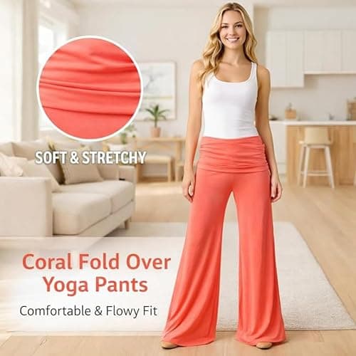 Coral Foldover Pants, Wide Leg High Fold Over Waist Palazzo Pant, Corals Pants Fold Over Yoga thumbnail 5