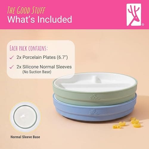 Elk and Friends Baby/Toddler 6.7" Porcelain Divided Plates + Sleeves | 2pk | Suitable for Babies | Silicone Sleeves | Non Slip Dinnerware | Microwave + Dishwasher Safe | Perfect for First Foods + Snacks thumbnail 8