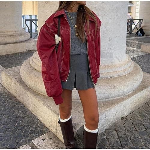 utcoco Women's Faux Leather Motorcycle Jacket Oversized Zip Up Winter Coat Outerwear 2025 Fall Fashion Clothes thumbnail 7