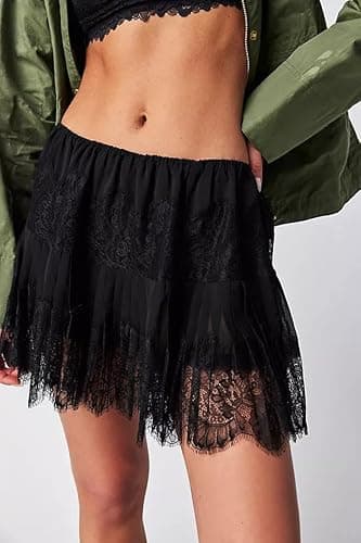Women Y2K Black White Lace Mini Skirt Low Rise Half Slip Underskirt Ruffle Pleated Layered Flowy Short Skirts thumbnail 2