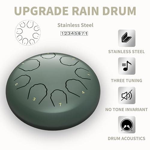 Professional Steel Tongue Drum for Adults & Kids - 6 inch Hand Percussion Instrument Rain Drum with 8 Notes for Yoga, Meditation, Music Therapy & Concerts Play (Green, 6 Inch) thumbnail 4