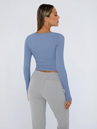 Trendy Queen Womens Long Sleeve Shirts Crop Tops Fall Fashion 2025 Square Neck Going Out Basics Tees Y2k Clothes thumbnail 5