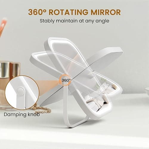 Rechargeable Travel Makeup Mirror, 8"×6" Small Vanity Mirror with Lights, 1500mAH Battery, 3-Color Lighting, Dimmable, 360° Rotation, Portable Desk Mirror with Storage Pouch, Travel Essentials (White) thumbnail 8