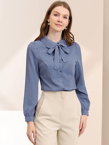 Allegra K Women's Peter Pan Collar Blouse Bow Tie Neck Vintage Casual Office Button Up Shirt Small Dusty Blue thumbnail 2