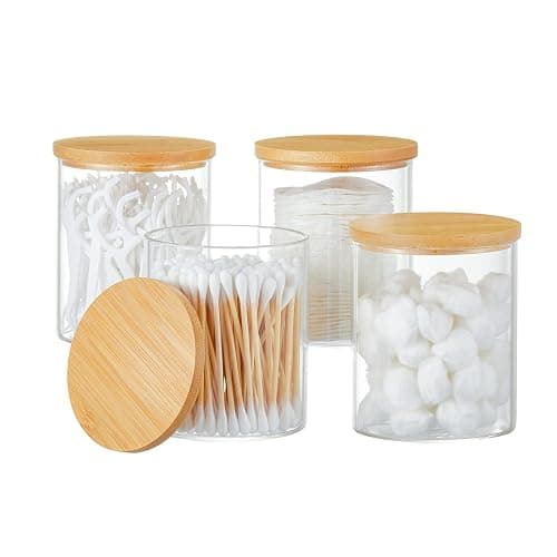 INIUNIK 4 Pack Glass Qtip Holder Dispenser Glass Apothecary Jars with Lids Cotton Ball Swab Pad Holder Bathroom Essential Canisters Accessories Jars for Bathroom Organization Vanity Organizers - Image 1