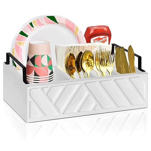 Ihdāt Paper Plate Dispenser, Paper Plate Holder for Kitchen Counter, Wood Rustic Silverware Utensil Caddy, Flatware Organizer with 6 Compartments- Plate Caddy for Picnic and Kitchen (White) - Image 1