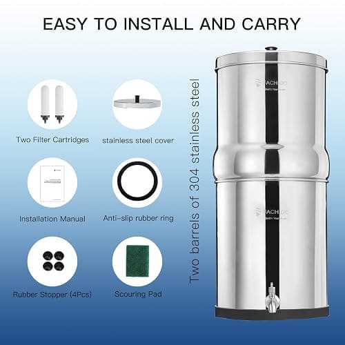 FACHIOO 2.25 Gallon Stainless Steel Gravity-Fed Water Filter System with 2 White Ceramics Purification Washable Filter, Portable Countertop Filter System for Home and Outdoor Camping Use thumbnail 2