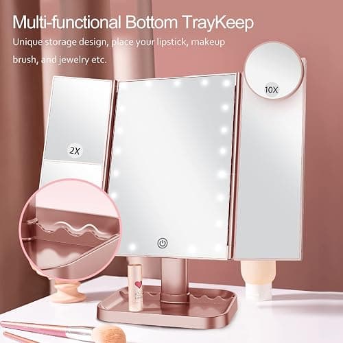HUONUL Makeup Mirror, 10X 3X 2X Magnification, Lighted Makeup Mirror, Touch Control, Dual Power Supply, Portable LED Mirror, Women Gift (Rose Gold) thumbnail 6