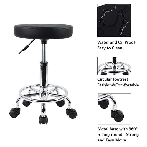 KKTONER PU Leather Round Rolling Stool with Foot Rest Swivel Height Adjustment Spa Drafting Salon Tattoo Work Office Massage Stools Task Chair Small (Black) thumbnail 7