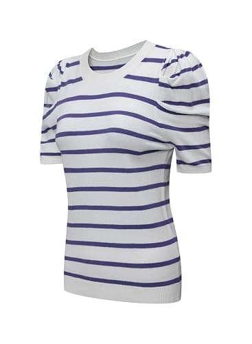 Dokotoo Women's Short Puff Sleeve Knit Tops 2026 Trendy Crewneck Striped T Shirts Casual Summer Blouses thumbnail 5