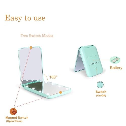 Kintion Pocket Mirror, 1X/3X Magnification LED Compact Mirror (Cyan) | Travel Mirror with Light for Purse, 2-Sided, Portable, Folding, Handheld, Small Lighted Mirror for Gift thumbnail 3