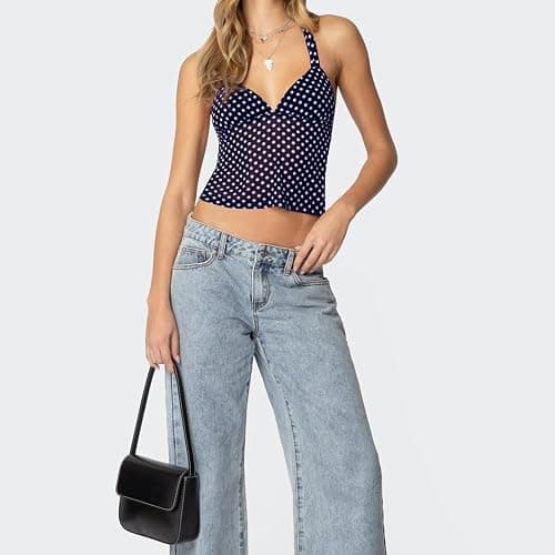 Women's Y2k Polka Dots Halter Neck Tops Sexy Deep V Neck Sleeveless Backless Tie Up Cropped Tank Top - Image 1