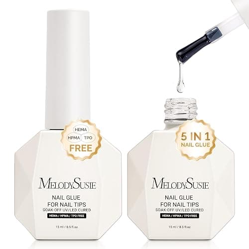 MelodySusie 3Free 5 in 1 Nail Glue Gel for False Nail Tips, NO Hema HPMA TPO, Super Sticky and Strong Adhesion, Rhinestone, Blooming Gel, Base Coat, UV Lamp Curing Needed,2 Pcs 15ml | NO Hema HPMA TPO,Sticky and Strong Adhesion,Rhinestone,Blooming Gel,Base Coat,UV Lamp Curing Needed,2 Pcs 15ml - Image 1